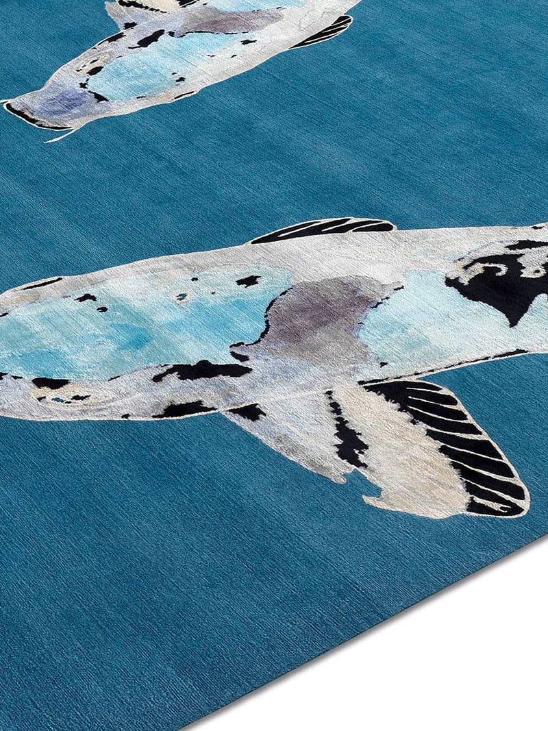 Витончений килим ручної роботи Fish Blue on Turquoise