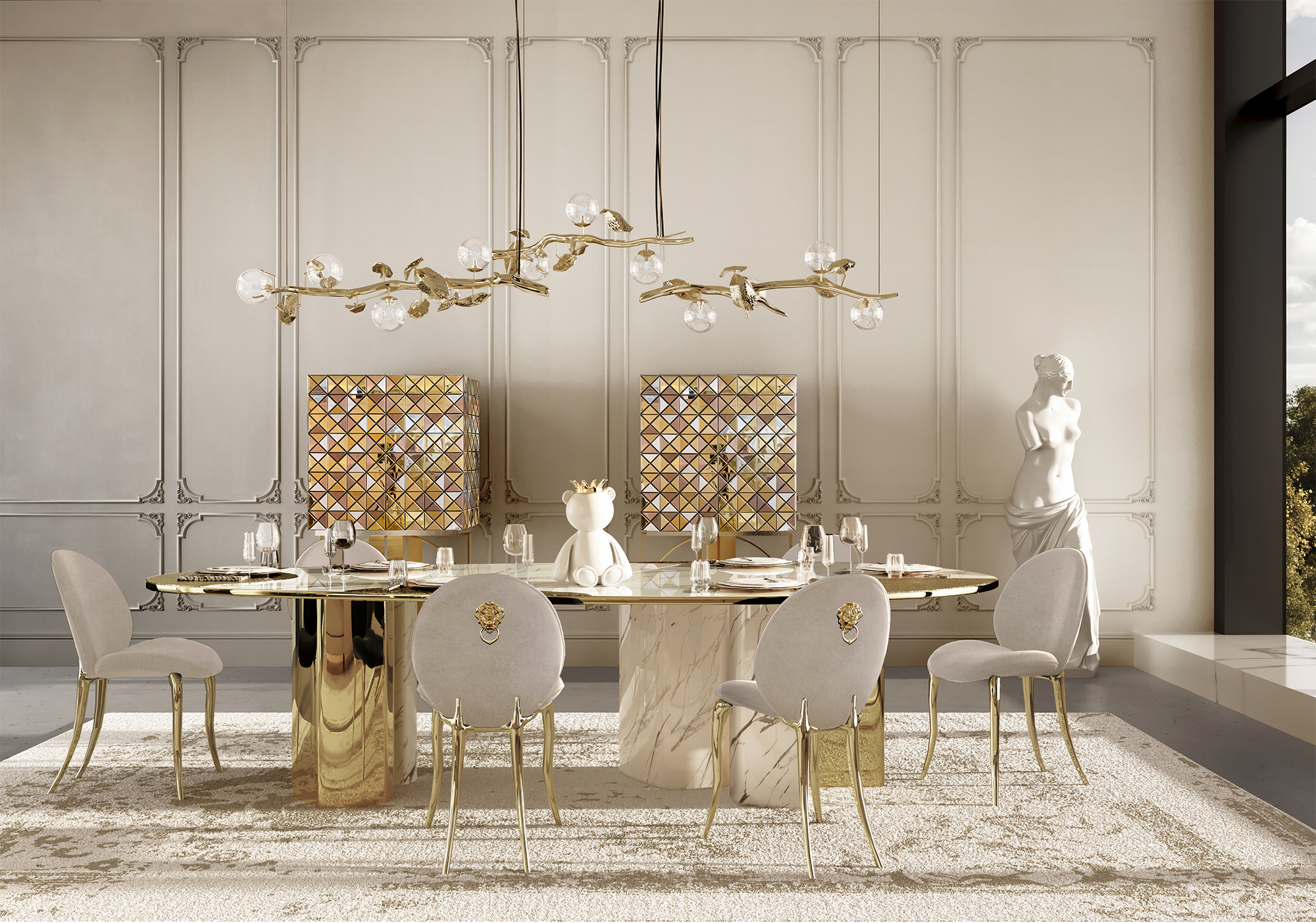 Обеденный стол Athena Carrara Marble & Gold
