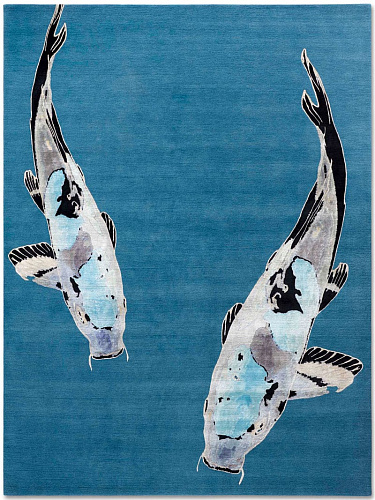Изящный ковер ручной работы Fish Blue on Turquoise