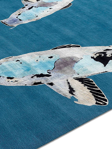 Изящный ковер ручной работы Fish Blue on Turquoise